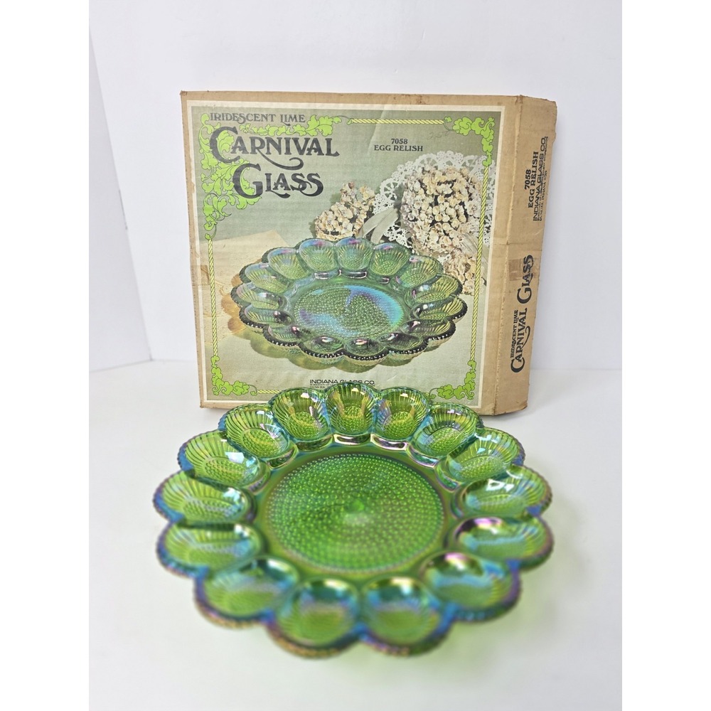 Vintage Indiana Glass Iridescent Lime Carnival Glass egg relish plate 7058